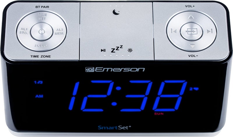 Emerson CKS1507 Smartset Radio Alarm Clock, 1.4" Blue LED Digital Display, USB Charging Port, Brightness Dimmer Controls, Bluetooth Connectivity, Set Alarm to Radio, Music, or Buzzer, Black - Image 3